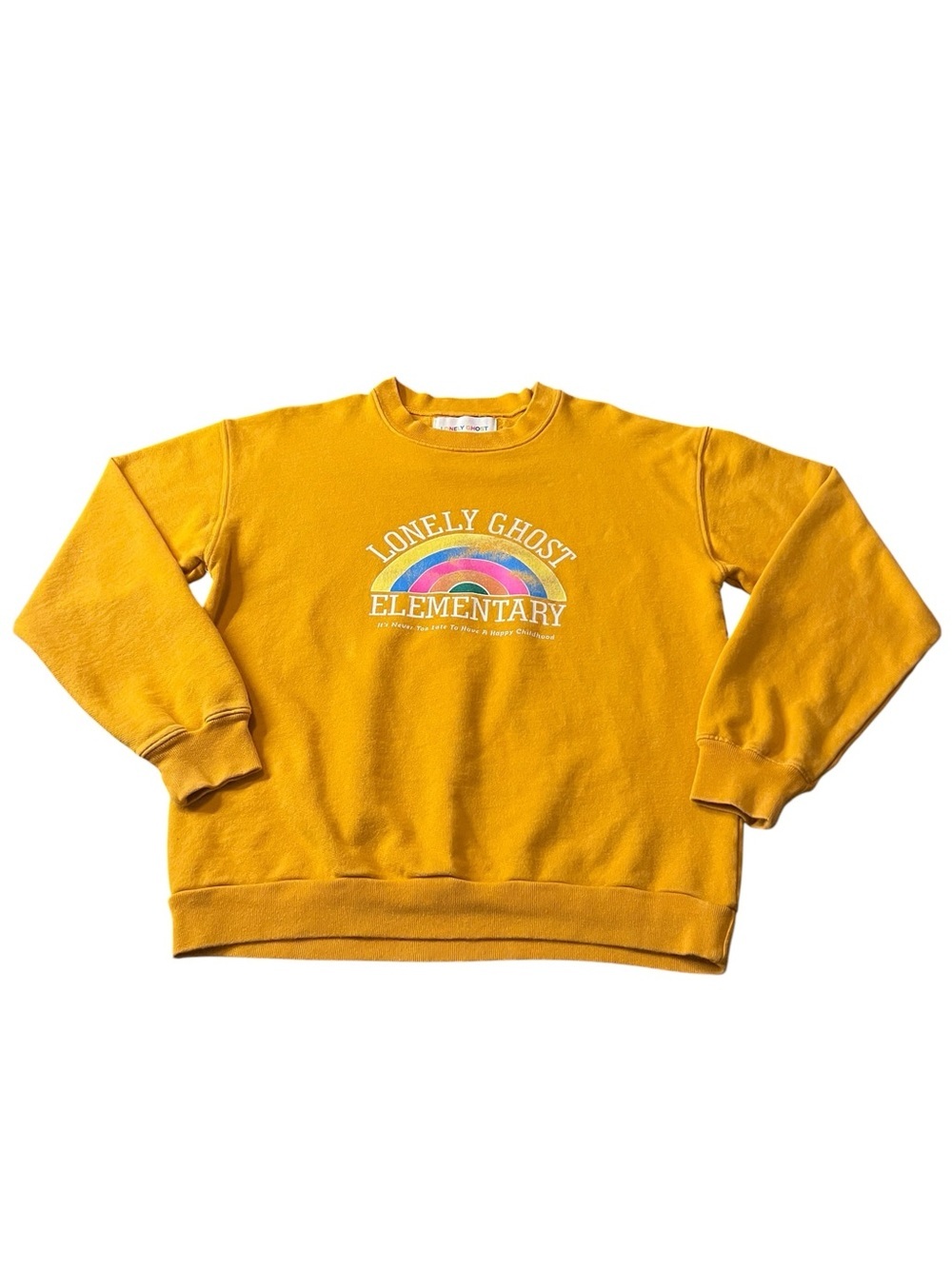 LONELY GHOST Elementary Mustard Orange Crewneck Sweatshirt with Rainbow Graphic